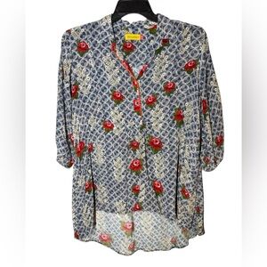 Benares Women’s Floral High Low Puff Sleeve Blue Rose Print Tunic Blouse Sz L